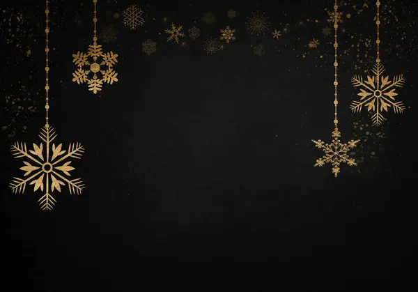 Black Winter Christmas Background Golden Snow Flakes Stock Photo