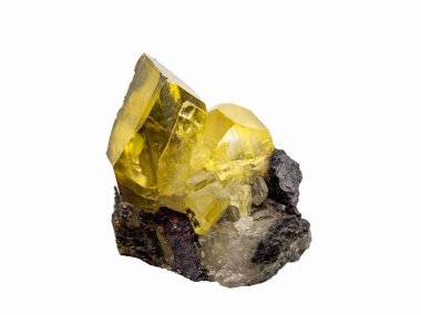 Beyaz zemin üzerinde doğal sarı apatit (altın apatit) kristalleri izole