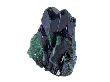 Beyaz zemin üzerinde Malachite izole edilmiş Azurit kristalleri