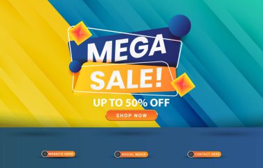 Renkli mavi ve sarı arkaplan tasarımlı ürün için boş alanı olan mega satış afişi
