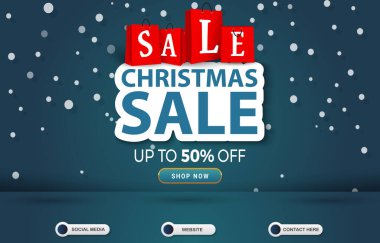 3d kış ve noel indirimi sosyal medya afişi, soyut mavi ve yeşil arkaplan tasarımlı ürün için boş bir alan ile birlikte.