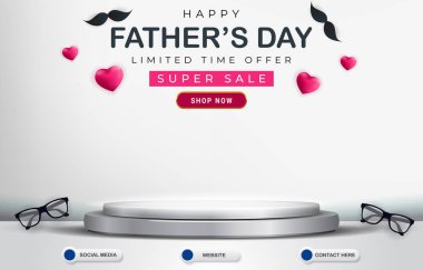Soyut gri ve beyaz arkaplan tasarımı ürünü için boş uzay podyumu ile Babalar Günü süper satış şablonu afişi