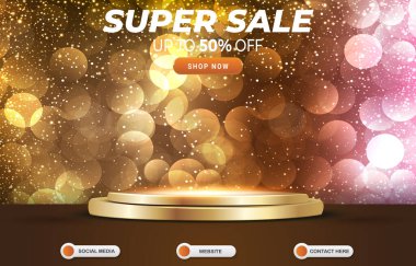 Soyut altın ve pembe arkaplan tasarımlı ürün için boş uzay podyumu olan süper satış yeni yıl indirimi afişi