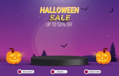 Soyut pembe ve mor gradyan tasarımlı ürün için boş alan 3D podyumu olan Cadılar Bayramı satış şablonu afişi