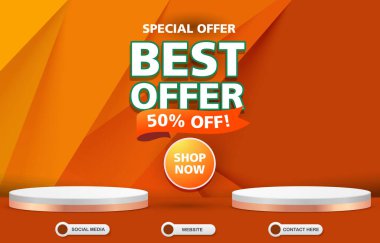 Soyut turuncu ve sarı arkaplan tasarımlı ürün için en iyi teklif şablon pankartı boş alan 3D podyumu