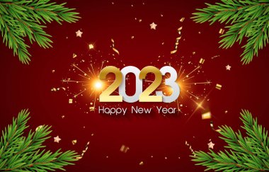 Güzel, mutlu bir yeni yıl 2023. Renkli, pırıl pırıl, parlak, soyut, kırmızı arka plan tasarımlı.