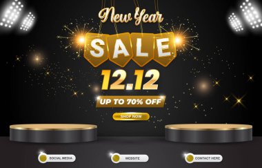 Yeni yıl indirimli satış şablonu boş alan 3D podyumu, soyut gradyan siyah ve lüks arka plan tasarımı