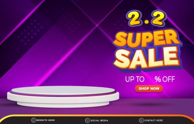 02.02 super sale discount template banner with blank space 3d podium for product sale with abstract gradient purple and blue background design