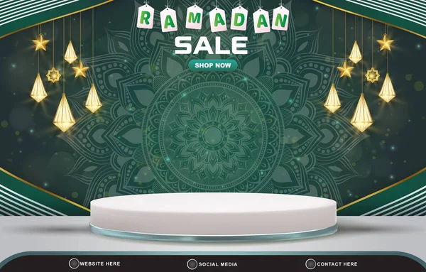 Ramadan销售折扣模板横幅与空白3D平台用于抽象梯度深绿色背景设计的产品销售 — 图库矢量图片