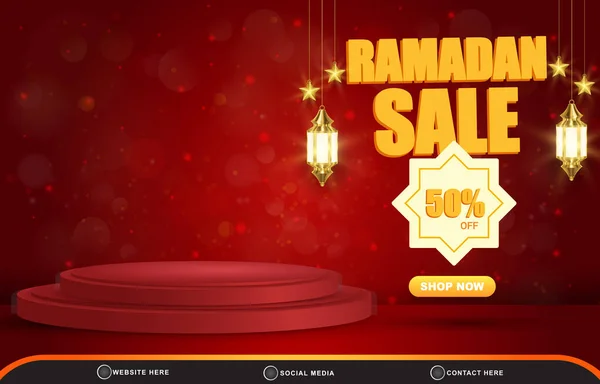 Ramadan销售折扣模板横幅与空白3D平台用于抽象梯度红色背景的产品销售 — 图库矢量图片