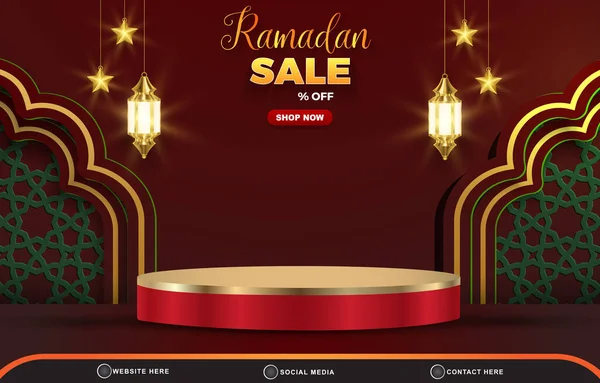 Ramadan销售折扣模板横幅空白3D平台产品销售抽象梯度红色和绿色背景设计 — 图库矢量图片