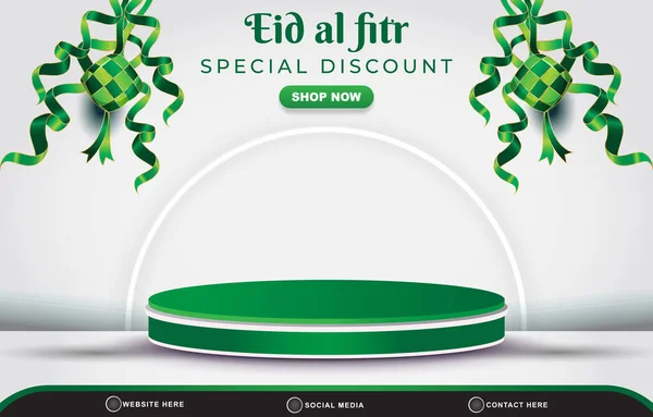 stock vector eid special discount sale template banner with copy space 3d podium for product sale with abstract gradient white and green background design