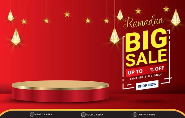 Ramadan大型销售折扣模板横幅与复制空间3D平台用于抽象梯度红色背景设计的产品销售 — 图库矢量图片