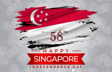 Soyut kırmızı ve beyaz arkaplan dizaynlı Singapur Bağımsızlık Günü afişlerinin 58. 'si kutlu olsun.
