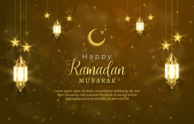 Güzel, mutlu ramazan mübarek şablon afişi güzel bir illüstrasyon, parlak, lüks İslami süs ve soyut kahverengi ve altın arkaplan tasarımı.