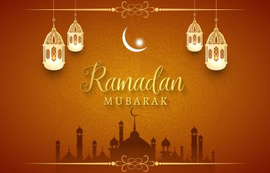 Ramazan Mübarek illüstrasyon afişi güzel, parlak İslami süslemeler ve soyut, kahverengi ve sarı arkaplan tasarımı