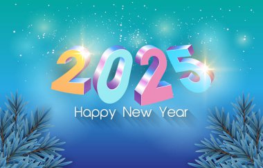 2025 mutlu yeni yıl afişi modern 3D metin efekti ve güzel lüks parlak süslemesi soyut mavi arkaplan tasarımı 2