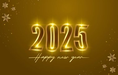 2025 mutlu yeni yıl afişi, modern 3D metin efekti ve güzel lüks, parlak, soyut gradyan altın arkaplan tasarımı.