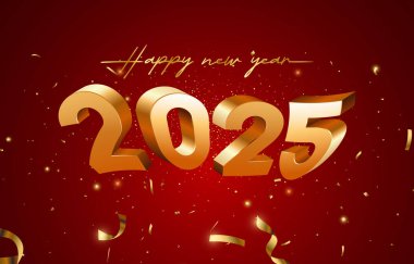 2025 mutlu yeni yıl afişi modern 3D metin efekti ve güzel lüks, parlak, soyut, kırmızı arkaplan tasarımı