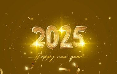 2025 mutlu yeni yıl afişi, modern 3D metin efekti ve güzel lüks, parlak, soyut, sarı arka plan tasarımı.