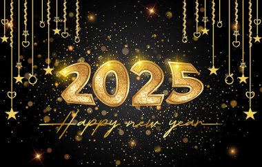 2025 mutlu yeni yıl afişi modern 3D metin efekti ve güzel ışıltılı lüks parlak süsleme soyut gradyan siyah arkaplan tasarımı 33