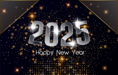 2025 mutlu yeni yıl afişi modern 3D metin efekti ve güzel ışıltılı lüks parlak süsleme soyut gradyan siyah arkaplan tasarımı 37