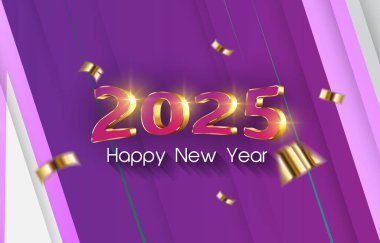 2025 mutlu yeni yıl afişi modern 3D metin efekti ve güzel ışıltılı lüks parlak süsleme soyut gradyan mor arka plan tasarımı 31