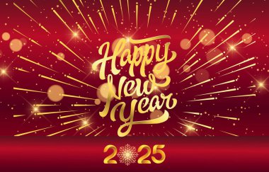 2025 mutlu yeni yıl afişi modern 3D metin efekti ve güzel ışıltılı lüks parlak süsleme soyut gradyan kırmızı arkaplan dizaynı 013