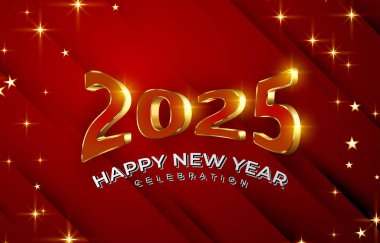 2025 mutlu yeni yıl afişi modern 3D metin efekti ve güzel ışıltılı lüks parlak süsleme soyut gradyan kırmızı arka plan tasarımı 35