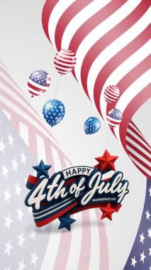 4 Temmuz Bağımsızlık Günü 'nün kutlu olsun. Bayrak ve balon soyut arka plan tasarımıyla hareketli video.