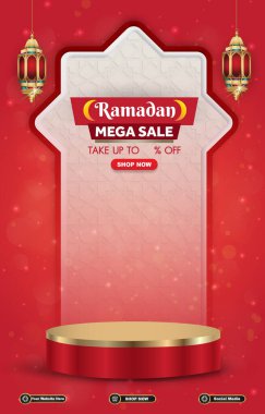 Ramazan mega satış şablonu 3d podyum ile kırmızı arka plan tasarımı ile ürün satışı için.