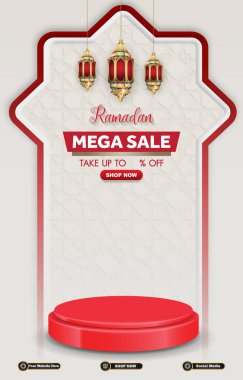 Ramazan mega satış şablonu afişi beyaz arkaplan tasarımı 01 ürün satışı için 3d podyum
