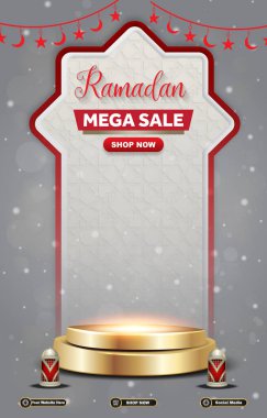 Ramazan mega satış şablonu. Gri arkaplan tasarımı ve ürün satışı için 3d podyum.