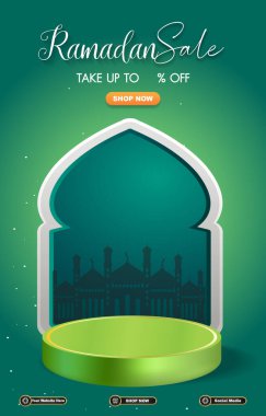 Ramazan indirimli şablon afişi ile ürün satışı için 3d podyum yeşil arkaplan tasarımı 03