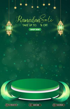 Ramazan indirimli şablon afişi ile ürün satışı için 3d podyum ve yeşil arkaplan tasarımı 07