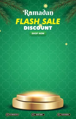 Ramazan flaş indirimi şablon afişi ile ürün satışı için 3d podyum yeşil arkaplan tasarımı