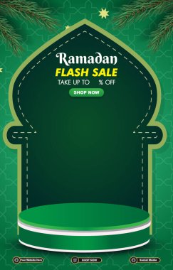 Ramazan flaş satış şablonu afişi yeşil arkaplan tasarımı ve ürün satışı için 3d podyum