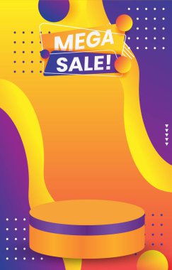 Sosyal medya besleme ürünleri satışı için soyut mor ve turuncu arkaplan tasarımlarıyla boş alan 3d podyumu olan mega indirimli portatif portre afişi