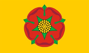 Lancashire ya da Lanc törensel bayrağı (İngiltere, Birleşik Krallık İngiltere ve Kuzey İrlanda, Birleşik Krallık) Lancaster 'ın sarı (altın) tarlasında kırmızı gül çiçeği