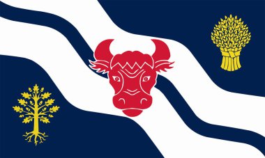 Oxfordshire törensel bayrağı (İngiltere, Birleşik Krallık İngiltere ve Kuzey İrlanda, Birleşik Krallık) sol ve sağ alt köşelerde kızıl öküz başı, bir altın meşe ağacı ve buğday püskülleri