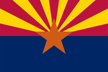 Flag of Arizona state (United States of America, U.S.A. or USA, North America) 13 rays of red and weld-yellow on the top half, center copper  star rest of the flag is covered by a blue section