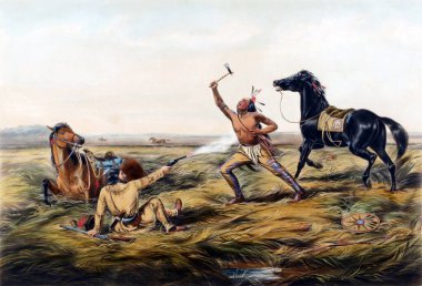 ABD, 1865 The Last shot Indian and Scout. Currier & Ives. Kabartma. Amerikan İç Savaşı, baskı, yaralı Birlik askeri, yorgun, yerde yatıyor, düşman yaklaşırken son atışını yapıyor. İkonik görüntü fedakarlıkları ve kahramanlığı simgeler.