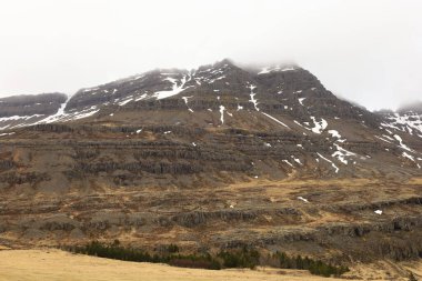 Austurland bölgesindeki İzlanda 'nın doğusundaki Reyoarfjorour fiyordunda dağın manzarası