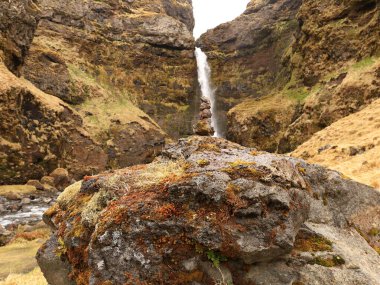 İzlanda 'nın güneyinde, Seljalandsfoss şelalesinin yanında bir şelale manzarası