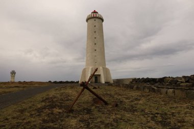 İzlanda 'nın batı kıyısındaki Akranes deniz fenerinin görüntüsü, başkentin 50 km kuzeyinde.