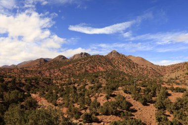 Fas 'taki Haut Atlas Oriental Ulusal Parkı' ndaki bir dağın manzarası. Doğu Yüksek Atlas Dağları 'nın içinde ve yakınında 49.000 hektarlık bir alanı kaplıyor