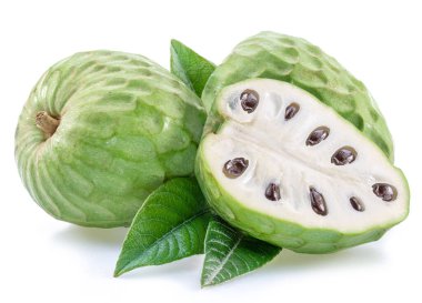 Custard apples or cherimoya fruits and slice of fruit isolated on white background.
