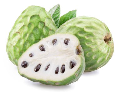 Custard apples or cherimoya fruits and slice of fruit isolated on white background.