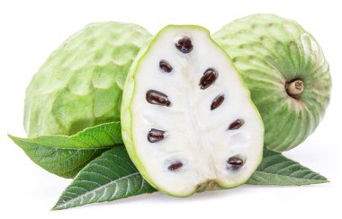 Custard apples or cherimoya fruits and slice of fruit isolated on white background.
