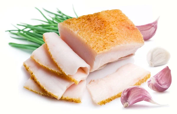 Salo Slices Salt Pork Fatback Slices Garlic Green Onion Isolated — Stock Photo, Image